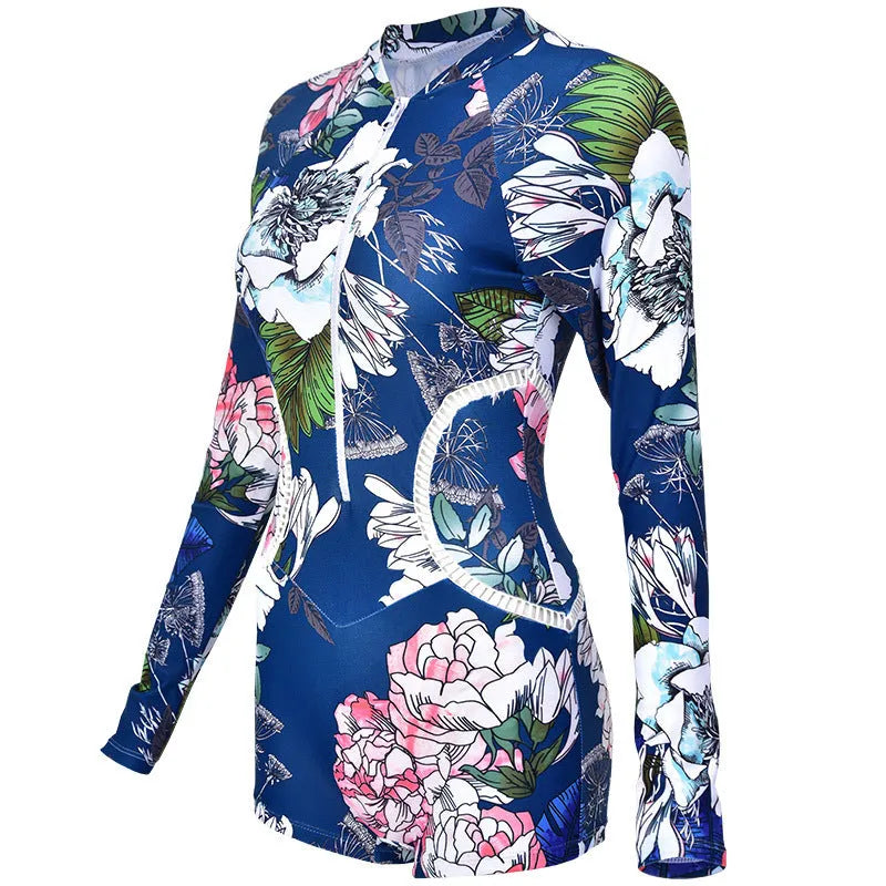 Yellow flowers printed one-piece boxer swimsuit with nylon fabric construction