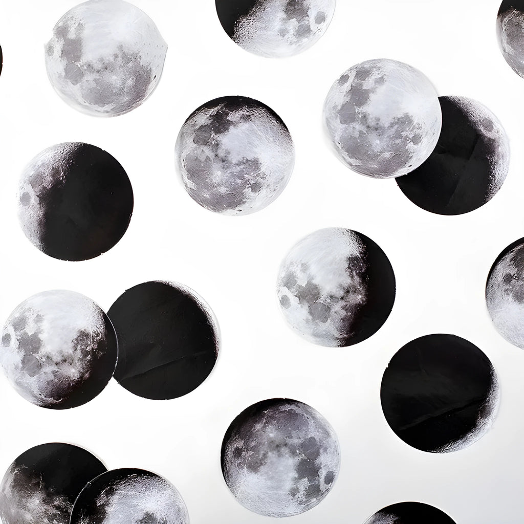 Black decorative stickers showing moon phases, calendar planets and hand account designs