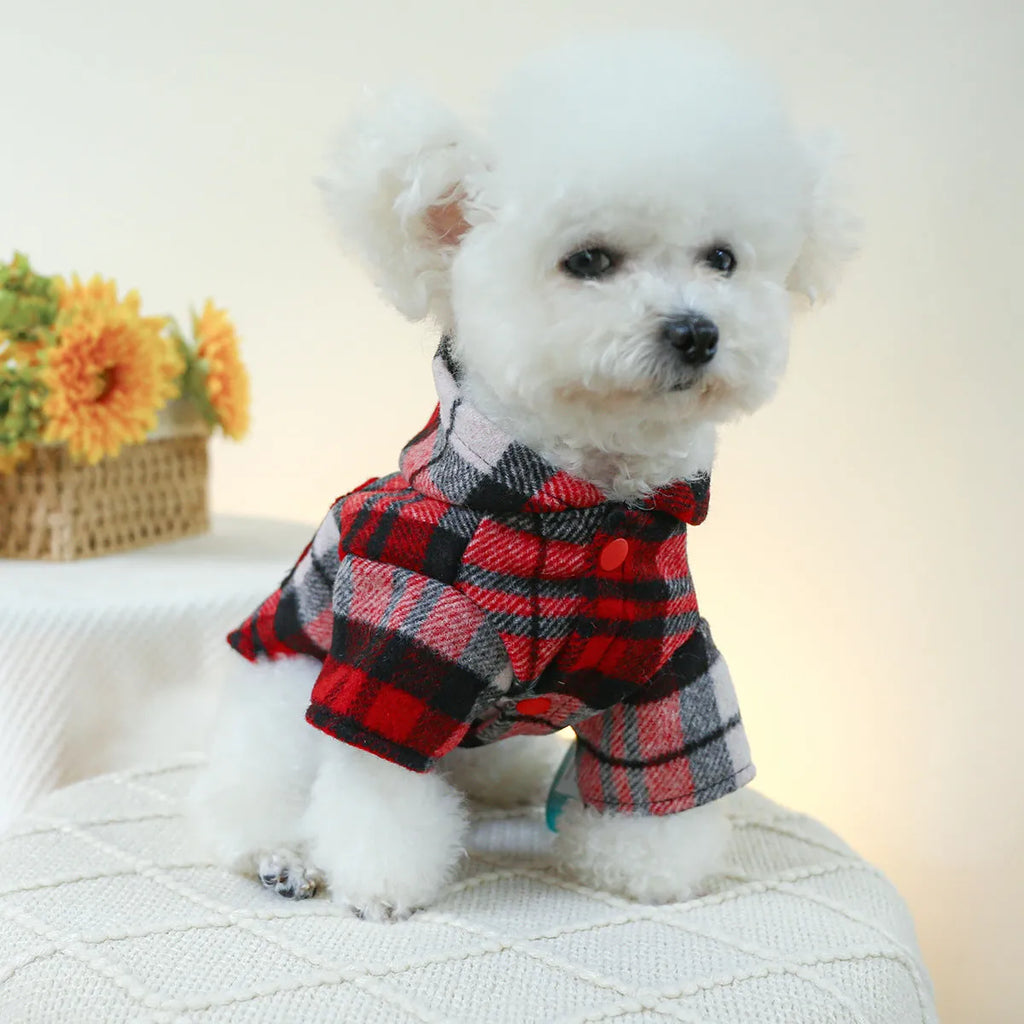 Red plaid trench coat for a dog, shown alongside a black houndstooth version, on a mannequin.