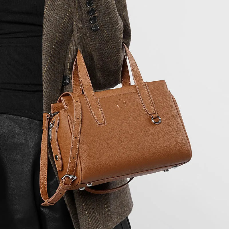 Genuine leather crossbody bag in horizontal square suitcase shape with shoulder strap