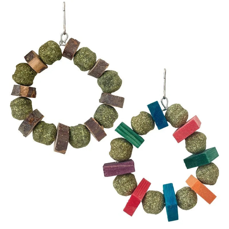 Small pet chew toy with straw ball ring design in colour sequin and applewood styles