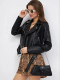 Black women's PU leather retro locomotive jacket with regular sleeves on size chart