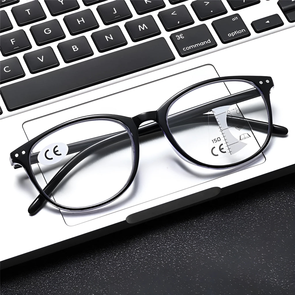 Women's ultra-light presbyopic glasses with multi-focus lenses in black and blue frame
