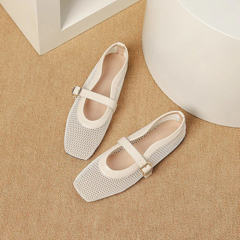 Women's beige mesh summer pumps with square toe and buckle closure showing breathable upper design