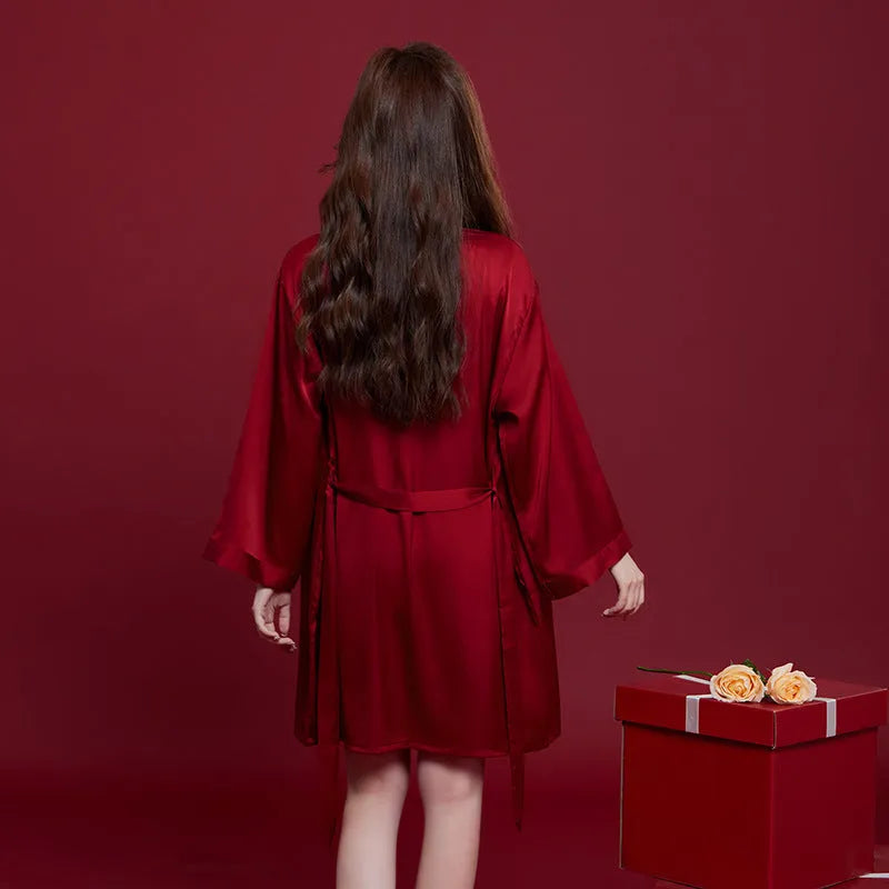 Red silk pyjama set for men and women with long sleeves and trousers