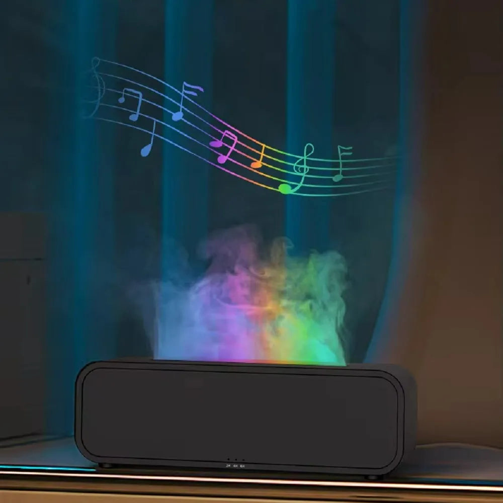 Black and white flame dynamic aroma diffuser with remote control on a wooden table