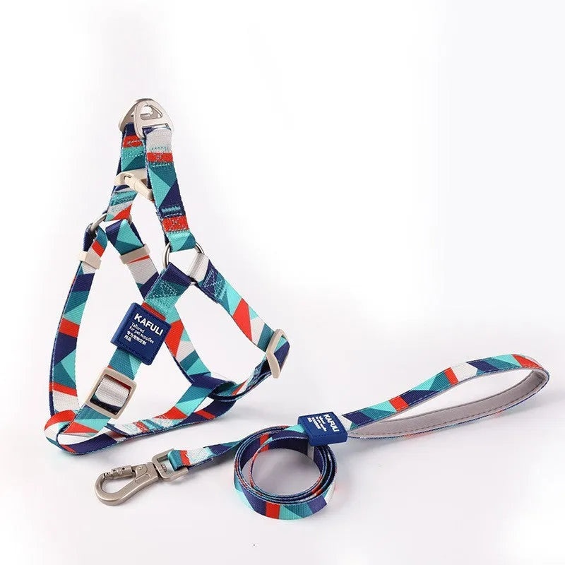 Blue polyester dog harness and lead combo set showing adjustable chest strap and attached rope.