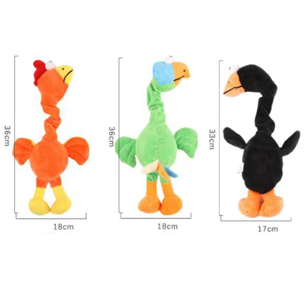 Black, green, and orange screaming chicken sound squeaky dog chew toy.