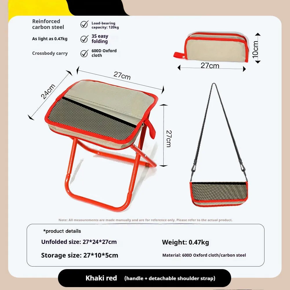Lightweight foldable camping stool in Oxford cloth shown in a khaki colour, folded to a slim profile.