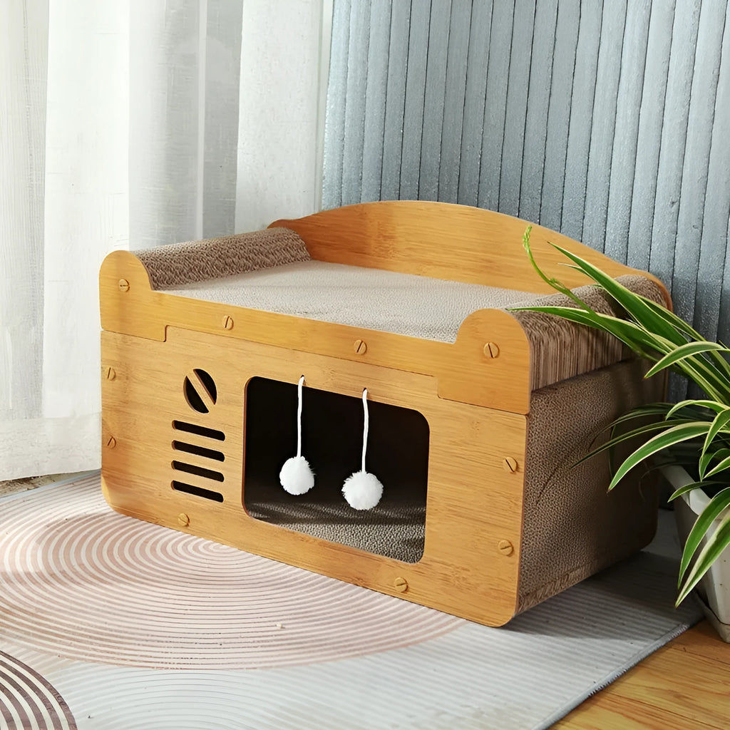 Double-layer corrugated paper cat house with scratching surfaces and dual ball-shaped door entries