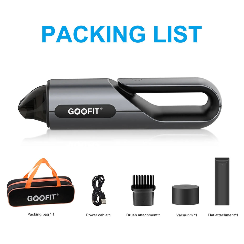 Black portable handheld car vacuum cleaner with brush and flat attachments on vehicle seat