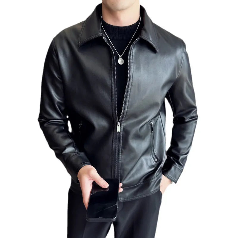 Men's black PU leather casual jacket with zipper pockets, loose fit design