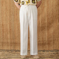 Women's straight-leg linen trousers in high waist design with elasticated back, shown in greige colour.