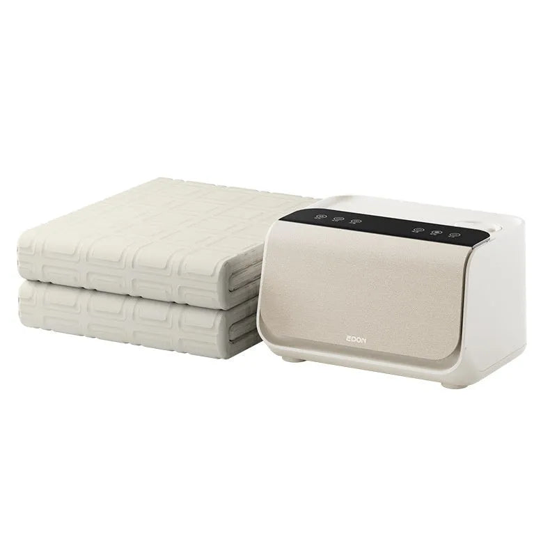 White electric water blanket with smart controller showing 1.4×2m and 1.8×2m size options