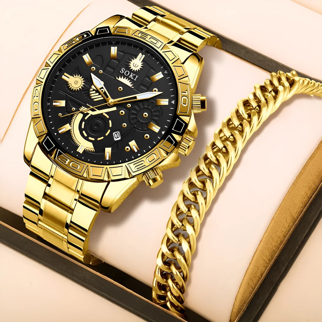 Gold-colour men's quartz watch with stainless steel strap and calendar on dial.