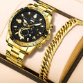 Gold-colour men's quartz watch with stainless steel strap and calendar on dial.