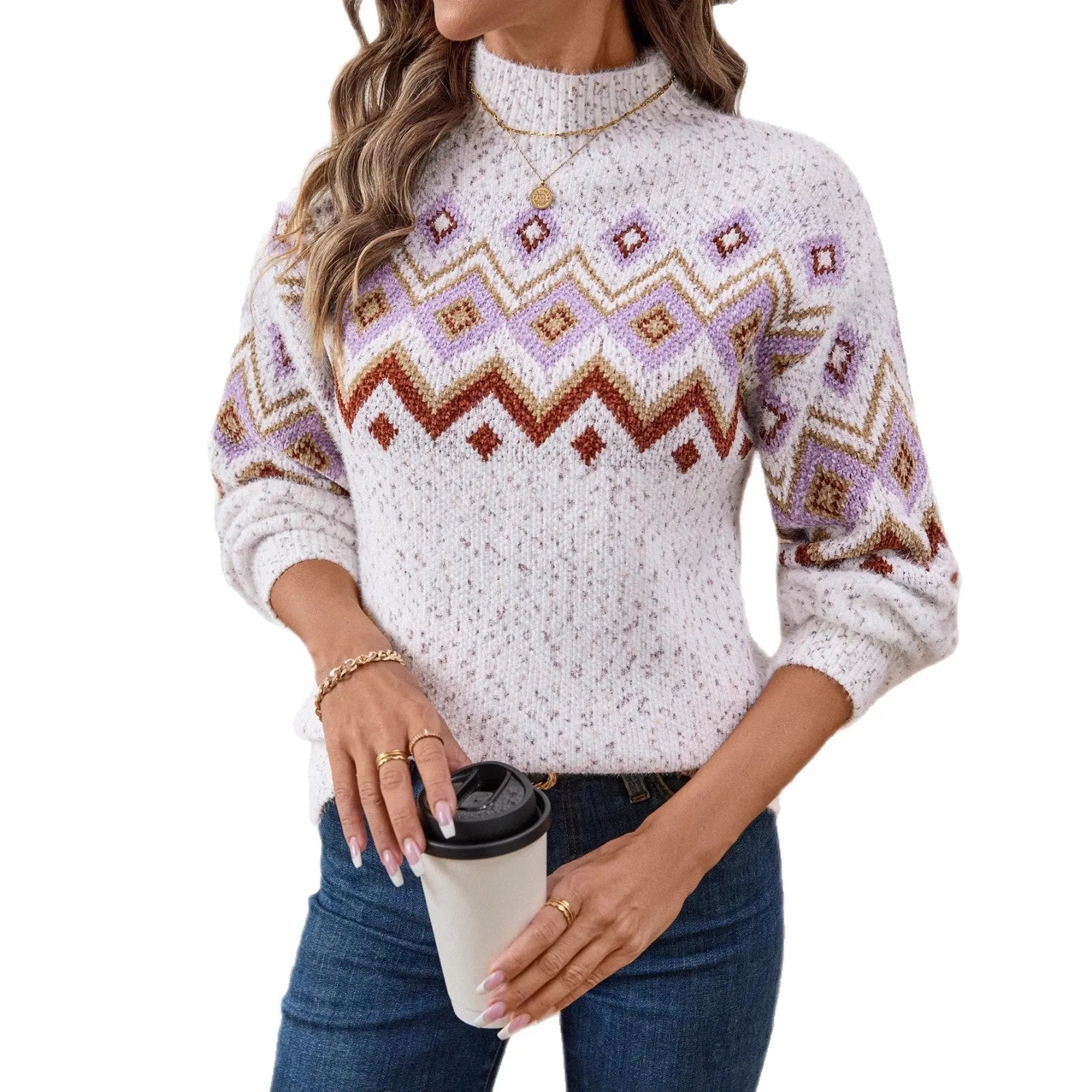 White loose half turtleneck sweater with geometric jacquard pattern and long sleeves.