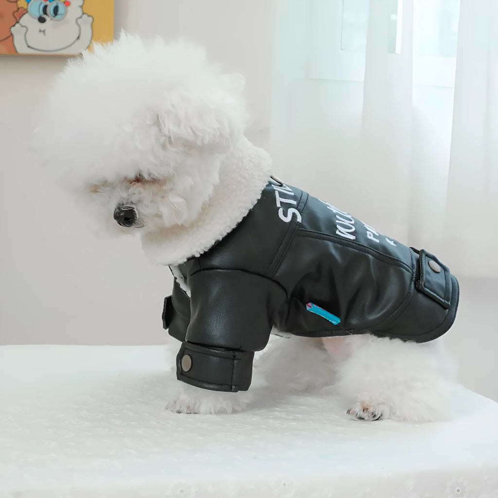 Large fur coat style fleece lined padded dog jacket for winter warmth in beige colour.