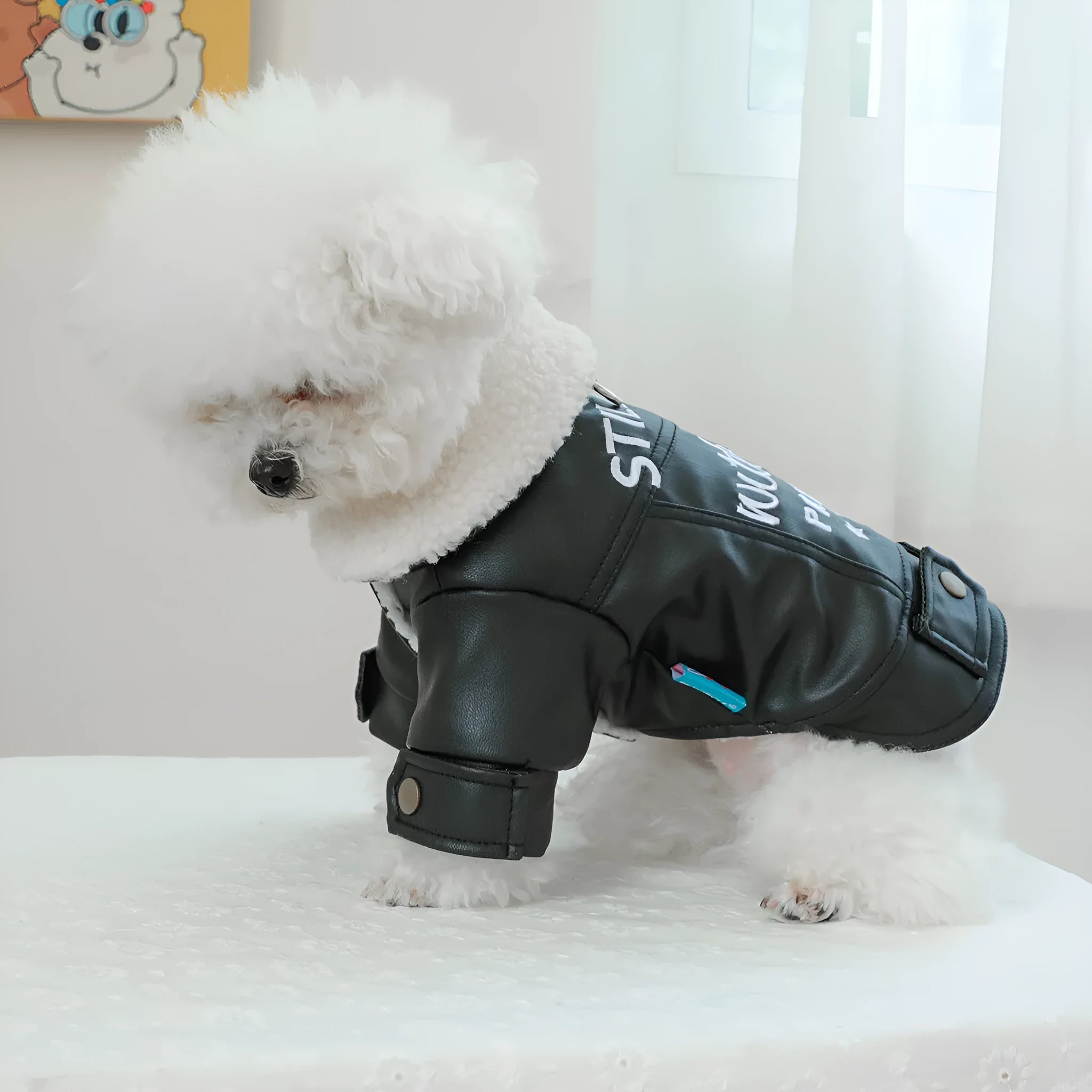 Large fur coat style fleece lined padded dog jacket for winter warmth in beige colour.