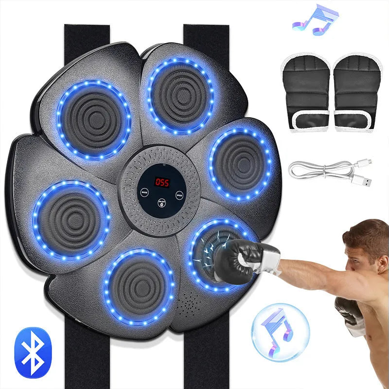 Black plastic smart boxing wall target with Bluetooth and lights, plus half-finger boxing gloves.