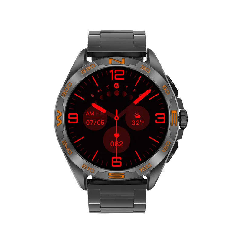 Men's black smartwatch displaying health stats on its screen, showing heart rate and blood oxygen readings.