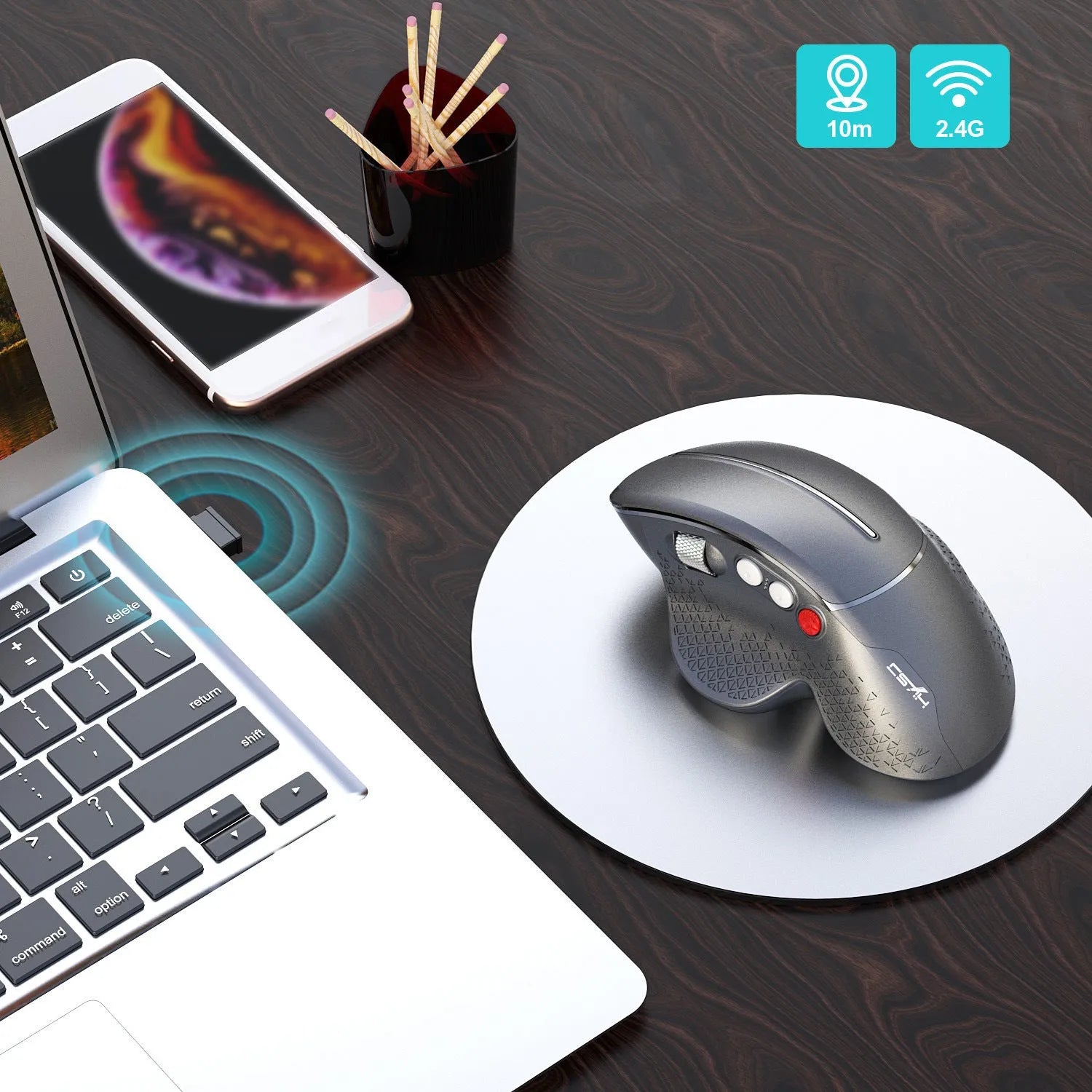 T32 wireless vertical ergonomic mouse with aluminium side roller in black matte texture