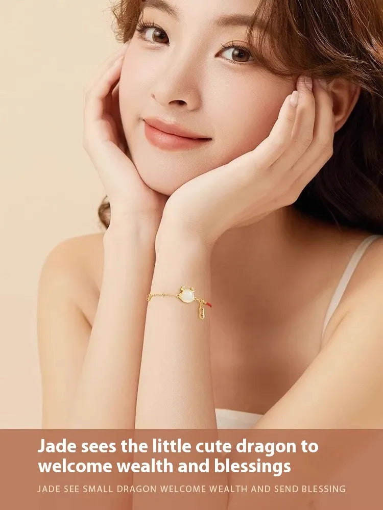 Silver and jade dragon zodiac bracelet with Chinese style design for women