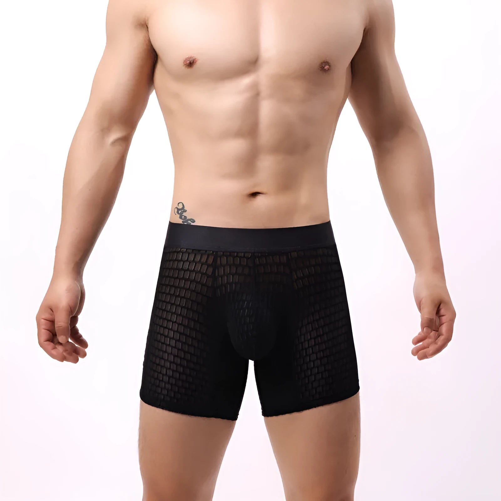 Men's white lace mesh boxer shorts with low waist design on a neutral background.