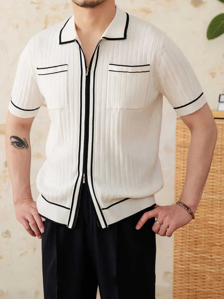 Slim fit lapel collar polo shirt in black and white colour options with short sleeves