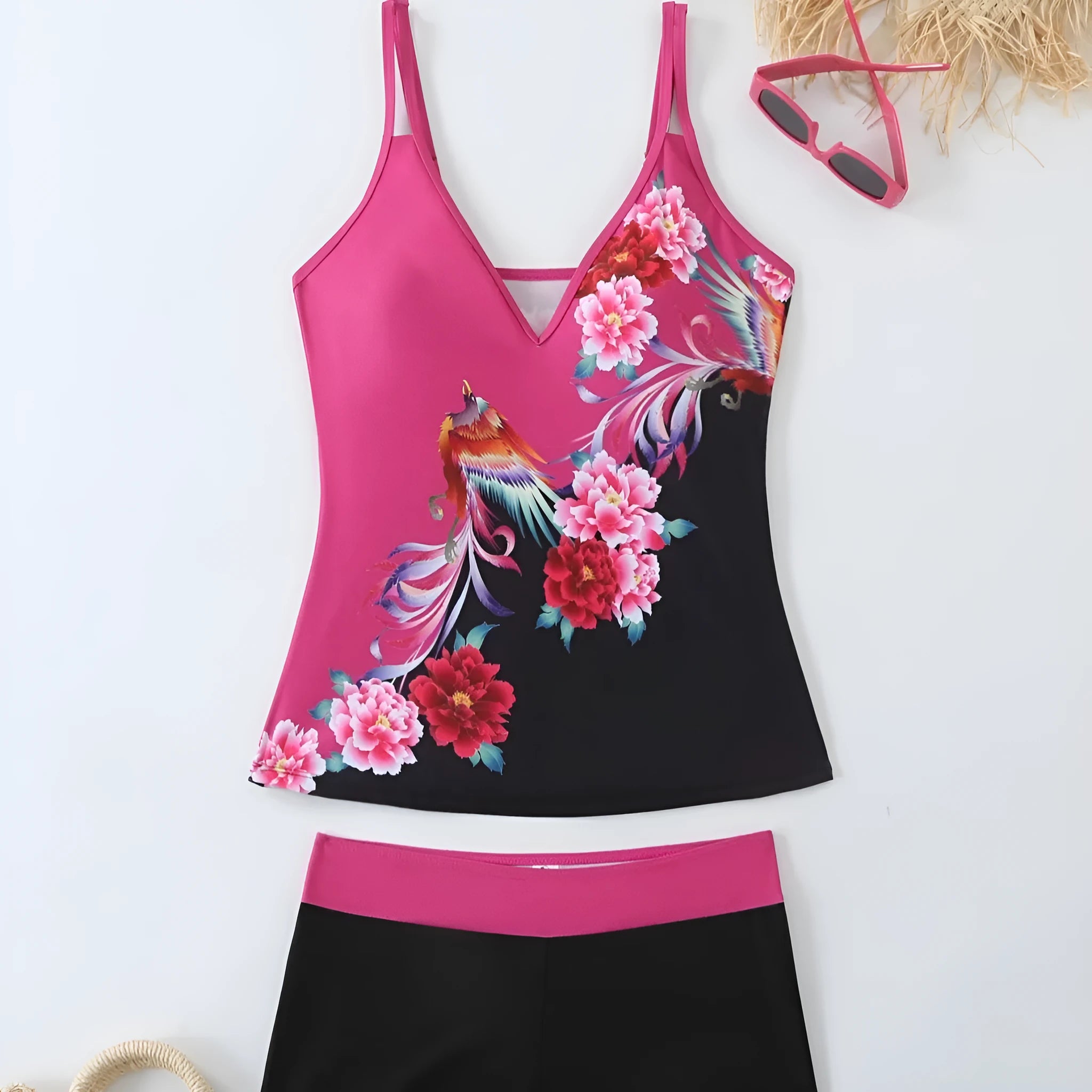 Plus size women's two-piece swimsuit briefs in black or rose red, made from polyester with cotton lining.