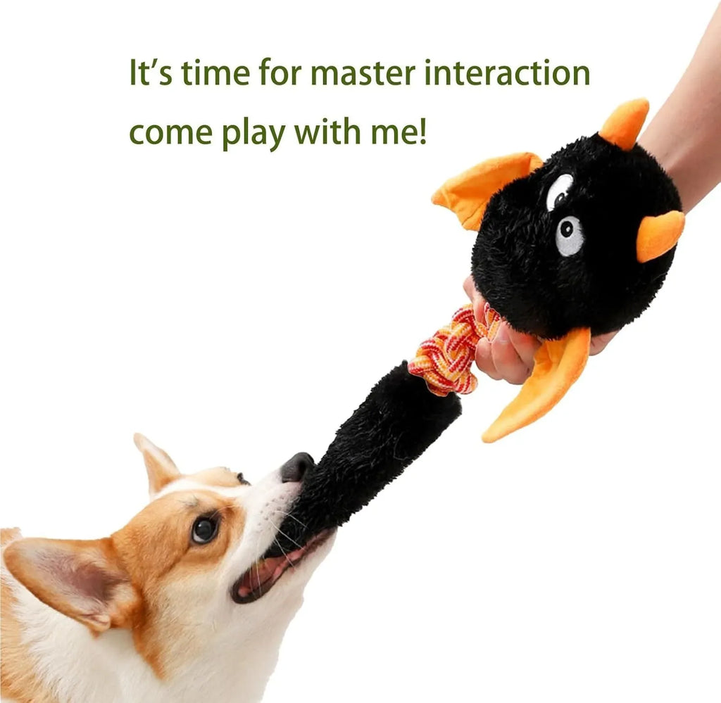 Plush cartoon dog toy with rope knot, shown in assorted colours for large dogs.
