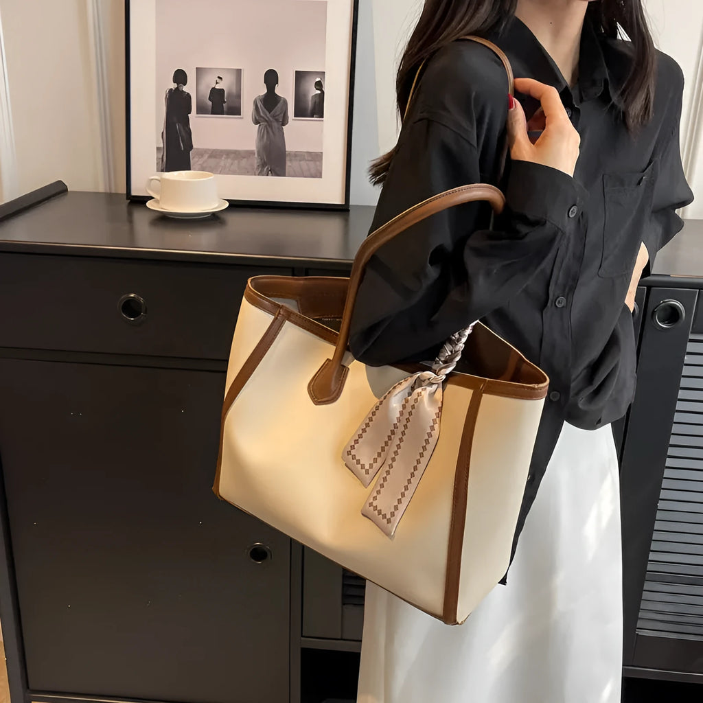 Soft PU leather horizontal square tote shoulder bag with open outer pocket