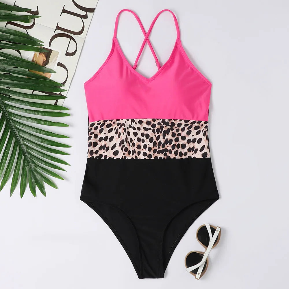 Women's contrast color leopard print bikini swimsuit with spandex lining, sizes S to XL, beachwear