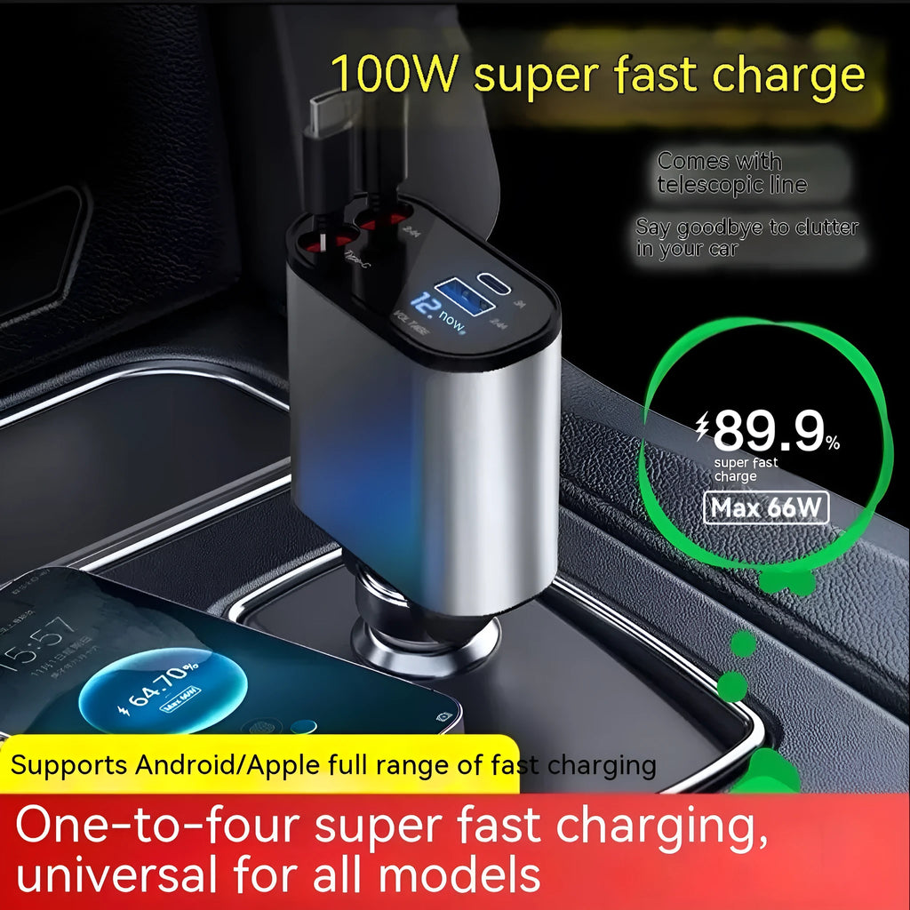 Automatic retractable car charger plugged into a vehicle's cigarette lighter socket with four USB cables extended.