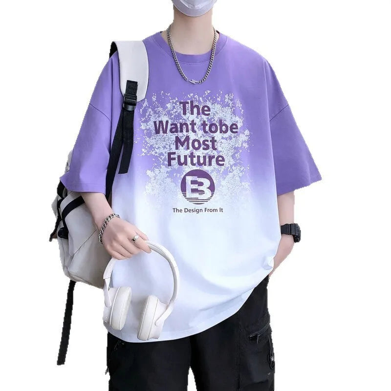 Dark blue youth t-shirt with printed text, showing drop-shoulder short sleeves