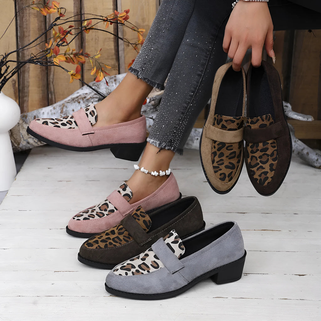 Leopard print suede slip-on casual shoes with chunky mid-heel and pointed toe