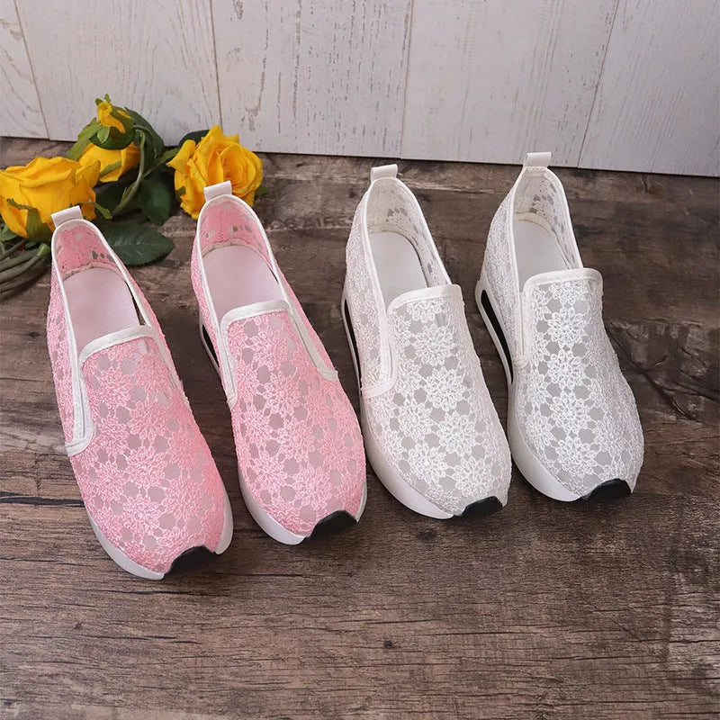 Lace mesh women's flat shoes with inner heightened platform, round toe, satin upper, pink and white colours