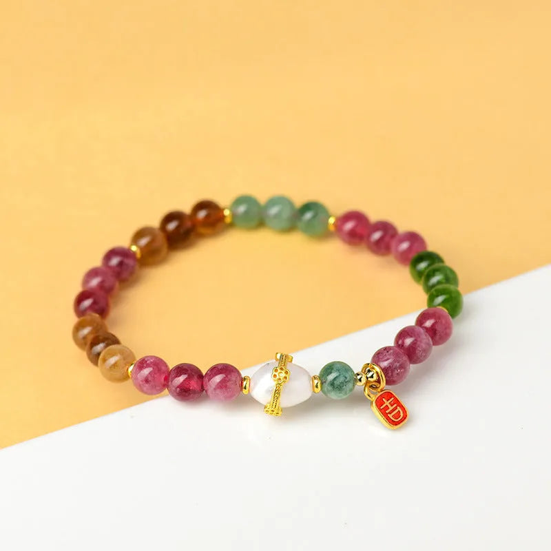 Geometric chalcedony and tourmaline crystal bracelet with 6.5mm beads