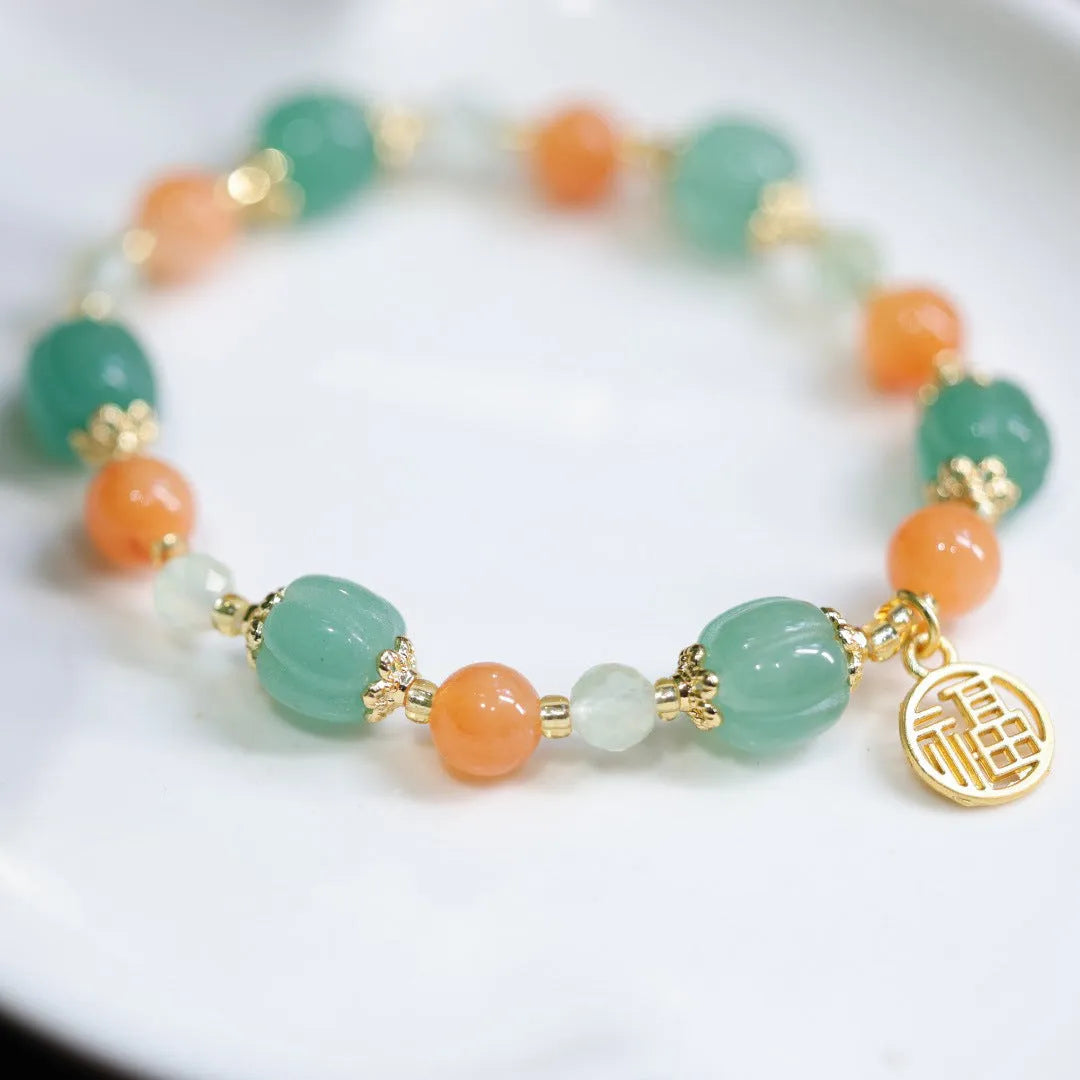 Traditional Chinese style Jinsi Jade bracelet with Duobao pumpkin bead for 14-16.5cm wrist
