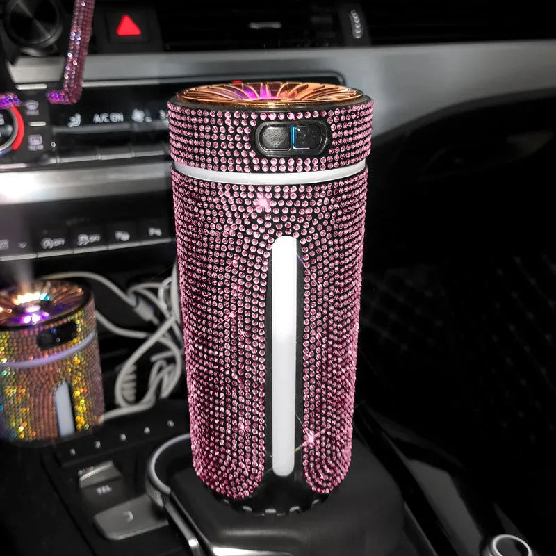 Colourful diamond-style car humidifier with LED lights on a car dashboard