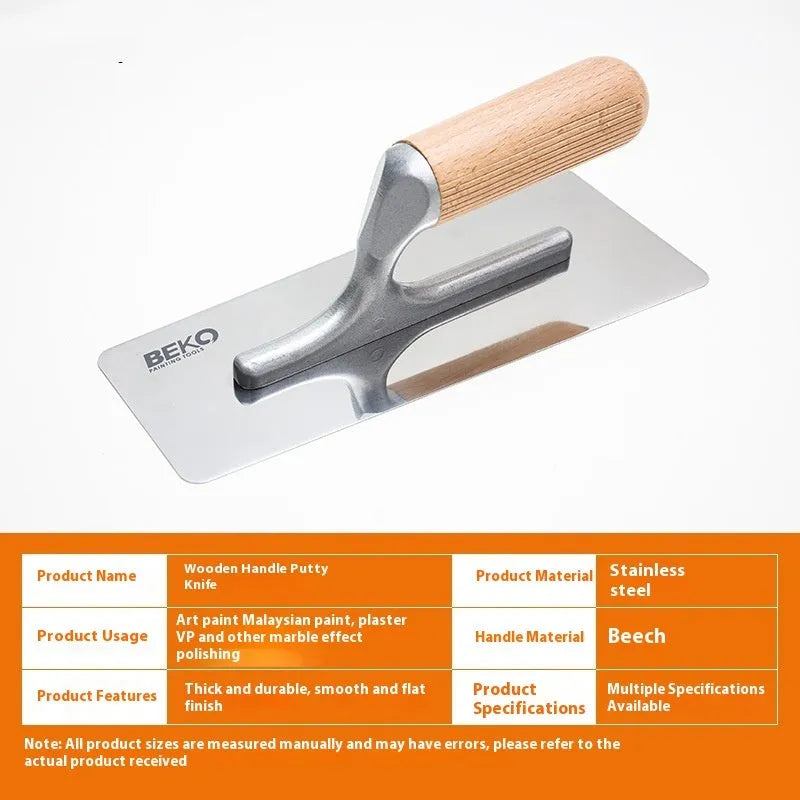 Stainless steel putty scraper with wooden handle showing three blade size options for floor and wall application