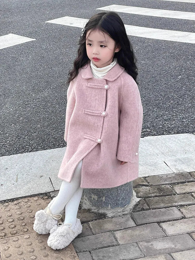 Reversible peach pink woolen coat for girls, thickened cotton, solid colour, front view, size 110 cm