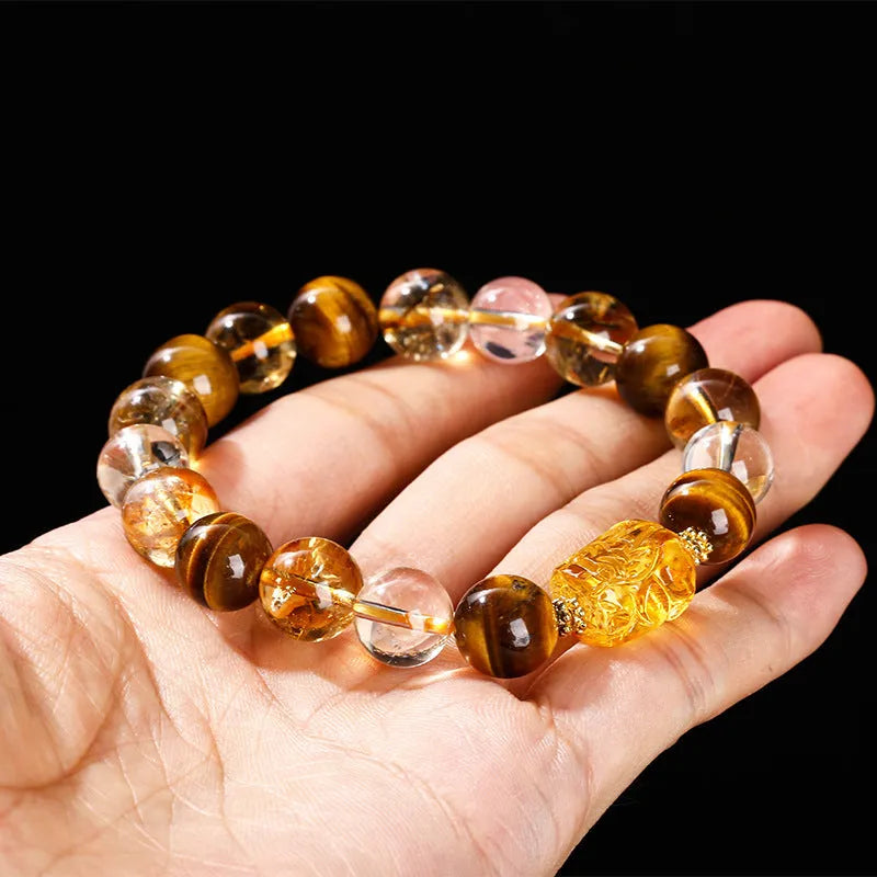 Yellow Tiger's Eye and citrine Pi Xiu bracelet with 10mm round geometric beads and steel details