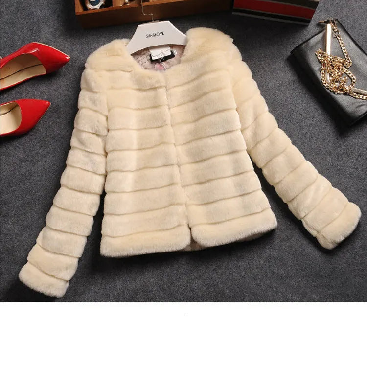 Women's short sleeve faux fur top in rabbit fur look, available in beige, black, and white.