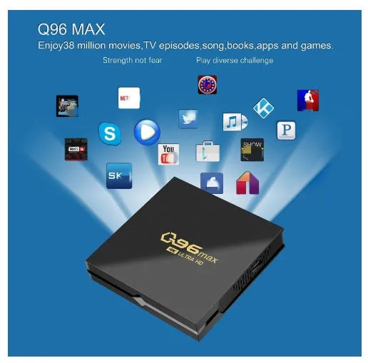 Q96 MAX S905 Android 4K TV Box set-top unit with remote control on a table.