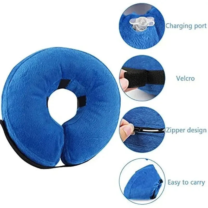 Blue inflatable soft recovery collar for a dog, shown as an alternative to a plastic cone.