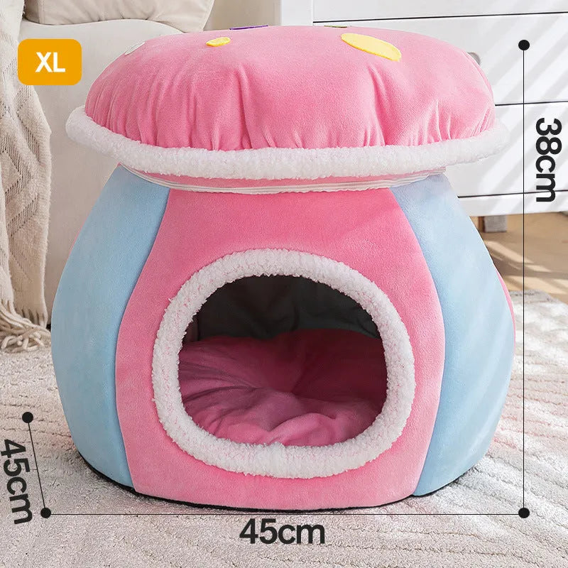 Grey plush mushroom-shaped cat bed with a detachable blanket inside a pet cage.