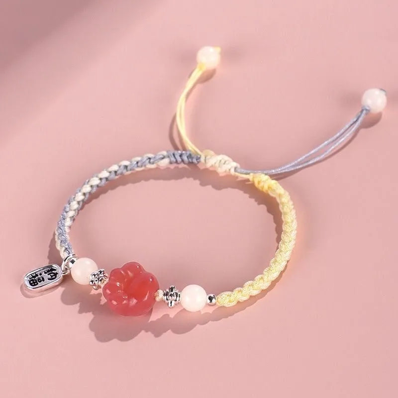 Red cat's paw woven bracelet for couples with glass charm in pastoral style