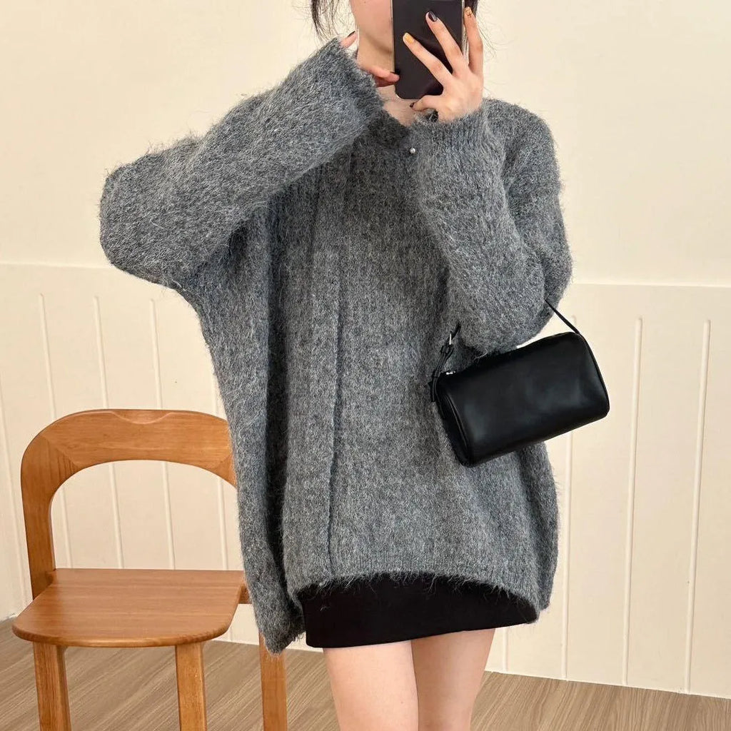 V-neck halter ribbon loose lazy style mid-length sweater in polyester for women
