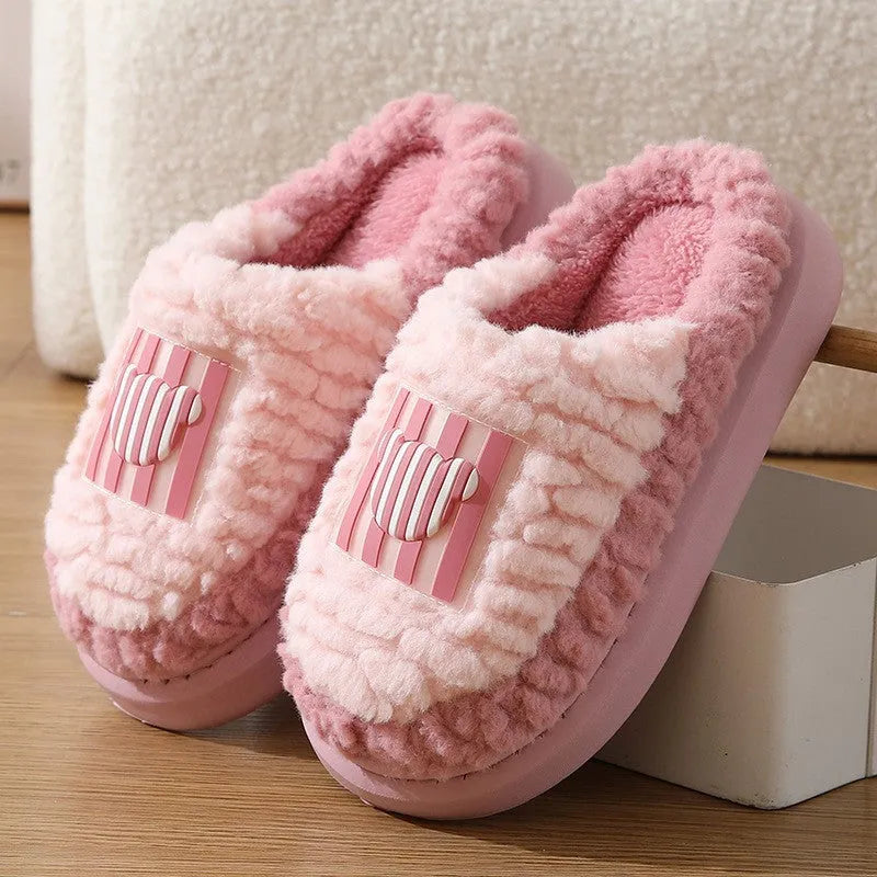 Lamb wool non-slip indoor slippers for couples in winter, thick sole with car stitching